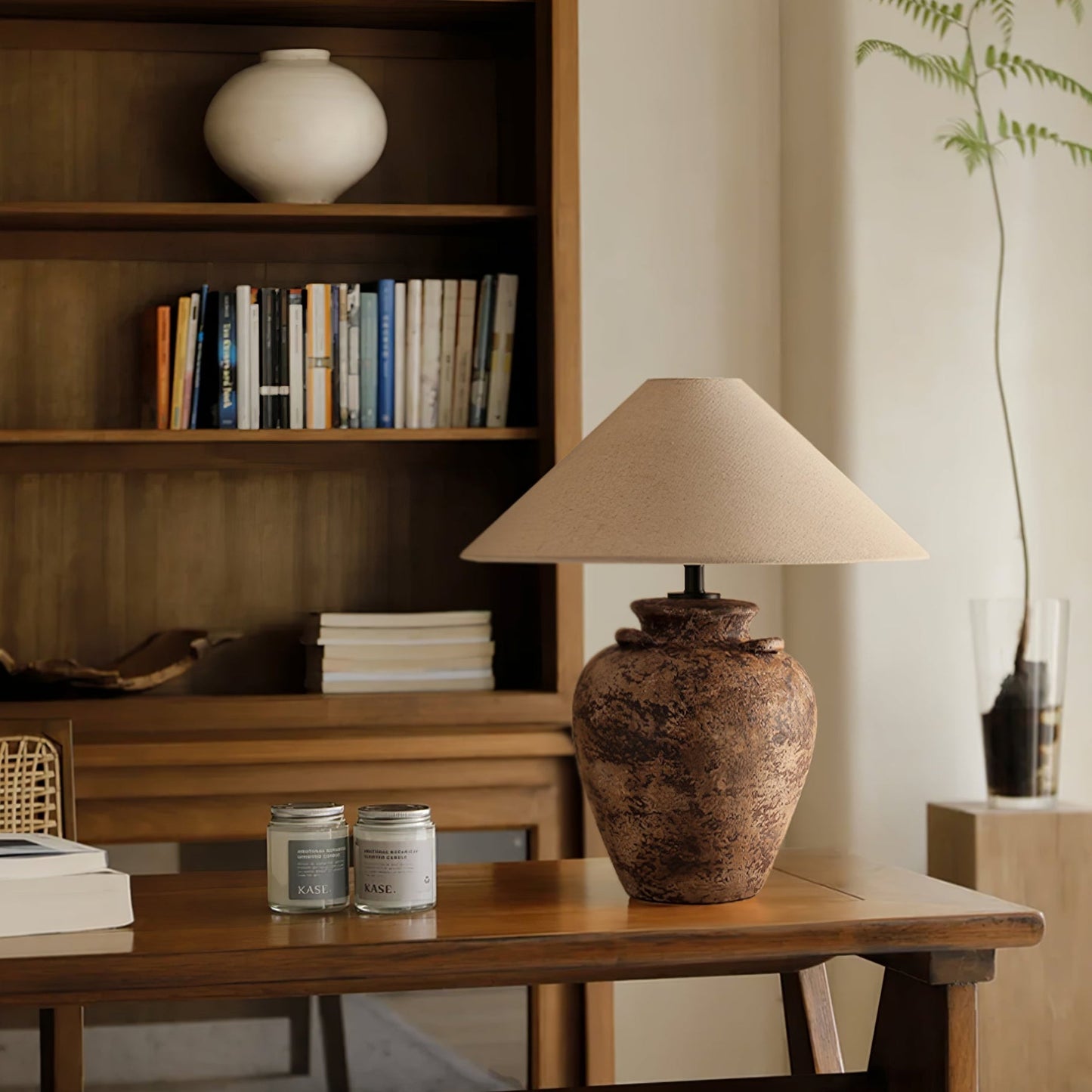 Vintage Terracotta Vase Table Lamp | Weathered Ceramic & Beige Shade | 45cm Diameter