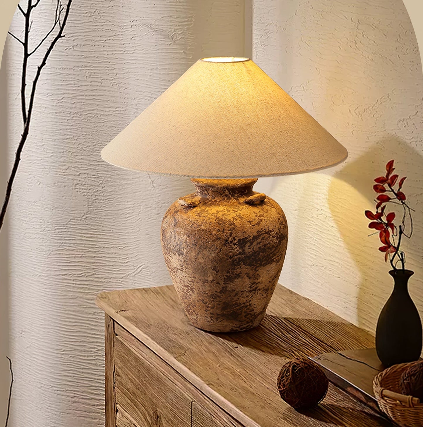 Vintage Terracotta Vase Table Lamp | Weathered Ceramic & Beige Shade | 45cm Diameter
