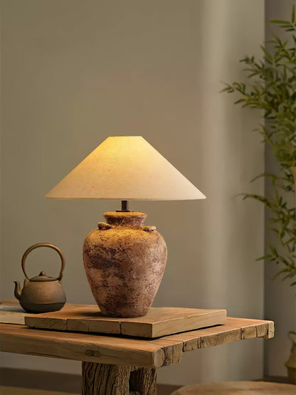 Vintage Terracotta Vase Table Lamp | Weathered Ceramic & Beige Shade | 45cm Diameter