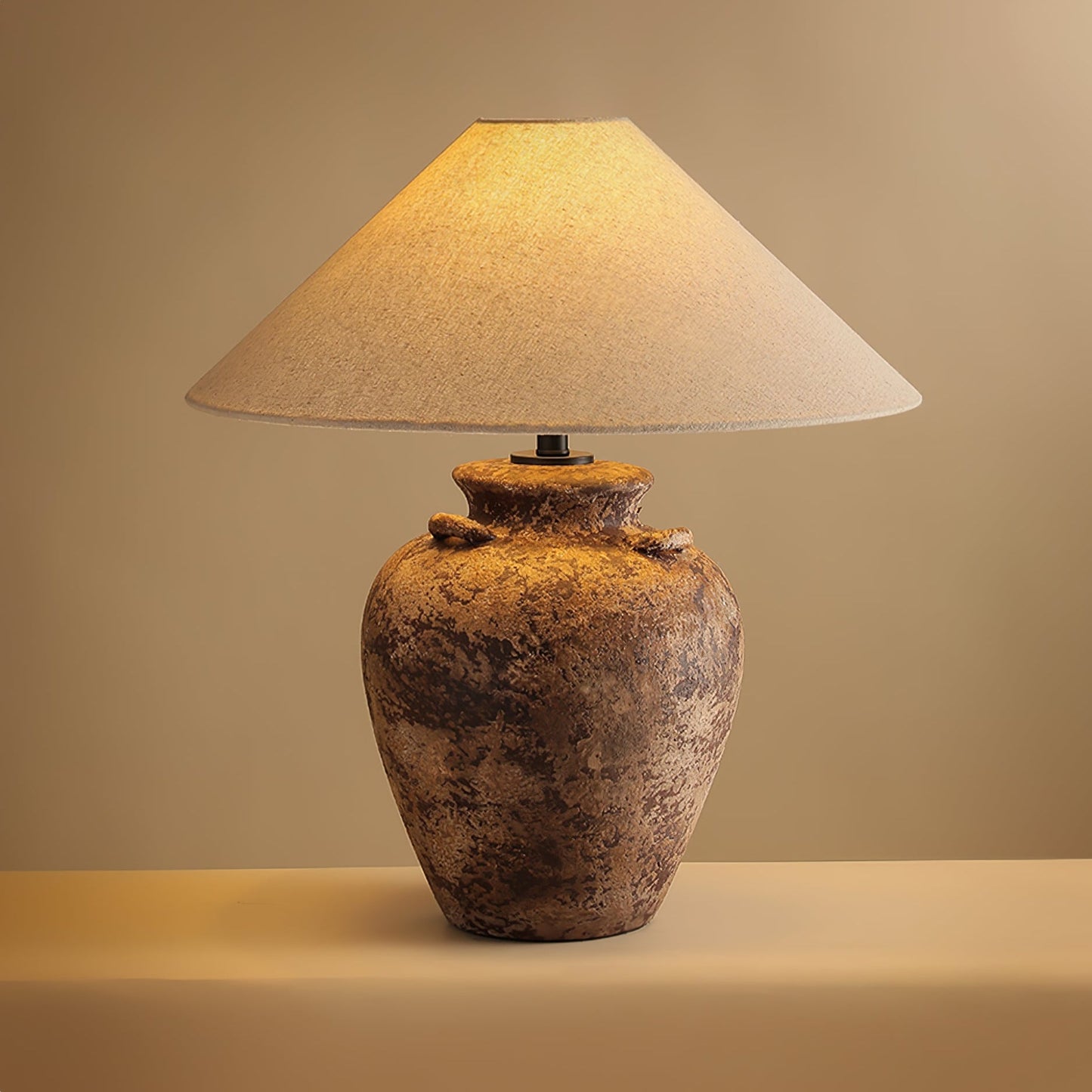 Vintage Terracotta Vase Table Lamp | Weathered Ceramic & Beige Shade | 45cm Diameter