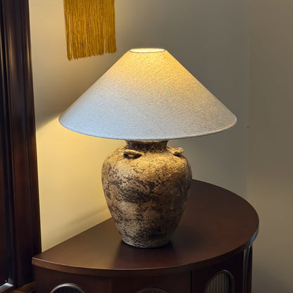 Vintage Terracotta Vase Table Lamp | Weathered Ceramic & Beige Shade | 45cm Diameter