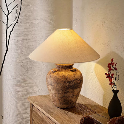Vintage Terracotta Vase Table Lamp | Weathered Ceramic & Beige Shade | 45cm Diameter