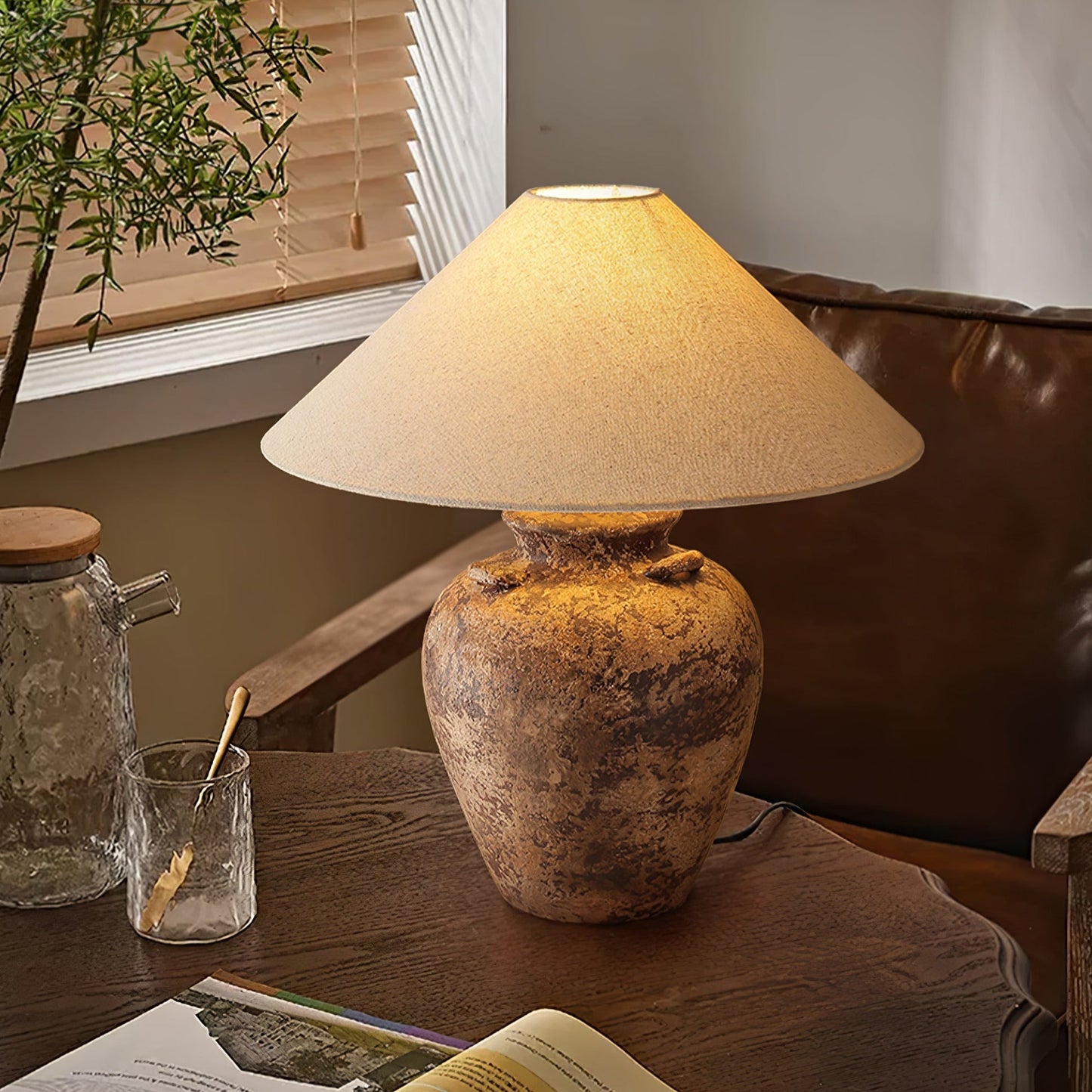 Vintage Terracotta Vase Table Lamp | Weathered Ceramic & Beige Shade | 45cm Diameter