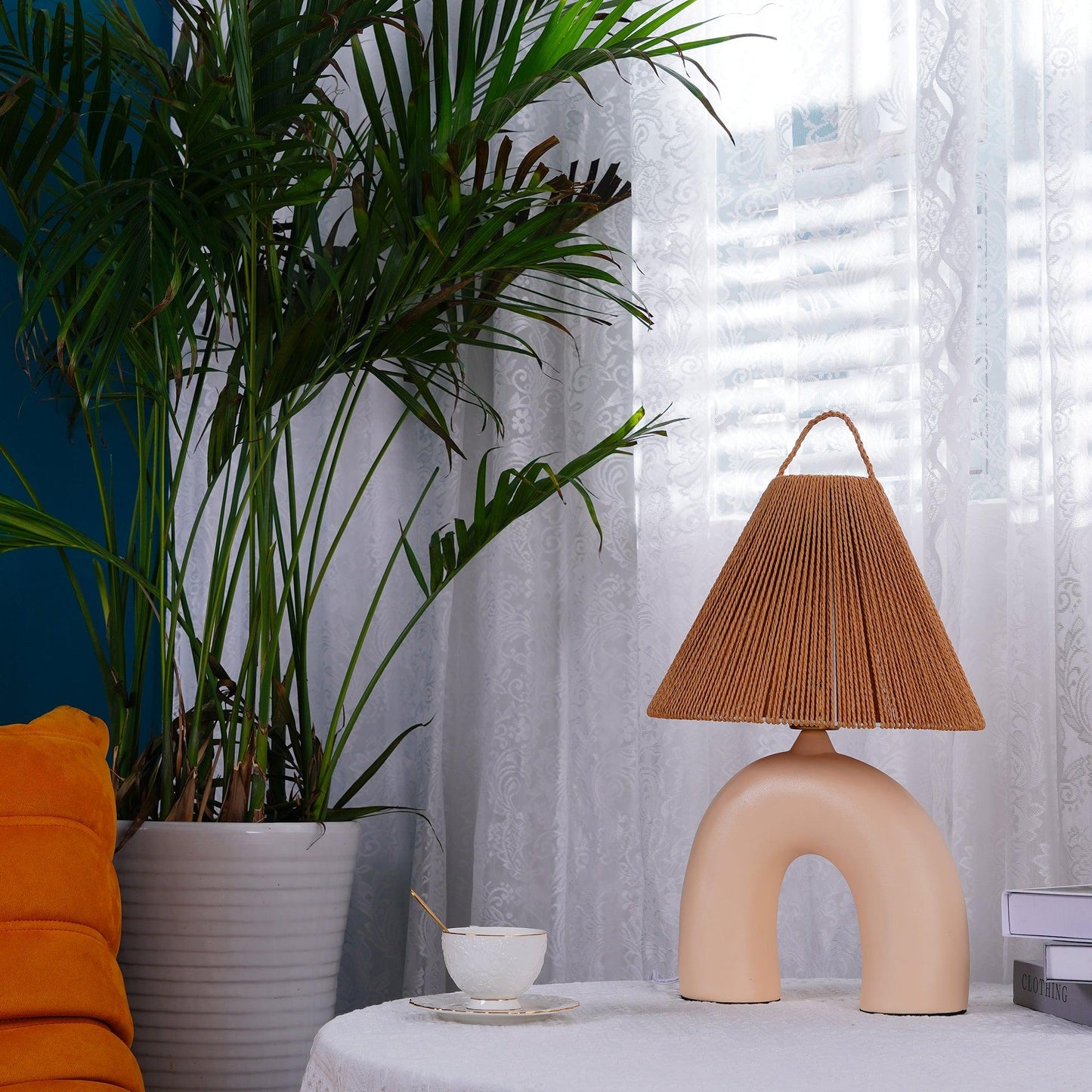 Arched Table Lamp | Braided Rope & Ceramics | White, Terra Cotta, Skin