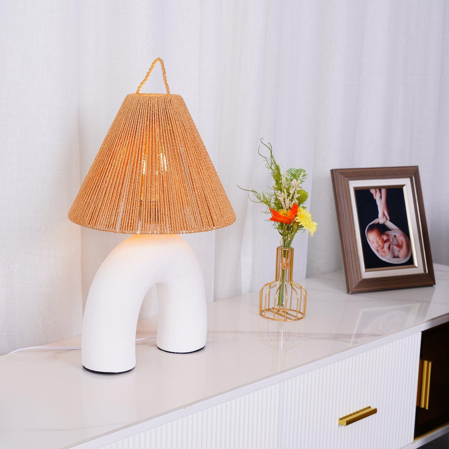 Arched Table Lamp | Braided Rope & Ceramics | White, Terra Cotta, Skin