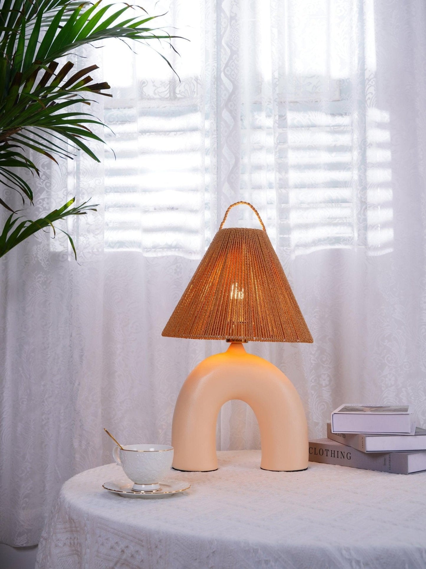 Arched Table Lamp | Braided Rope & Ceramics | White, Terra Cotta, Skin
