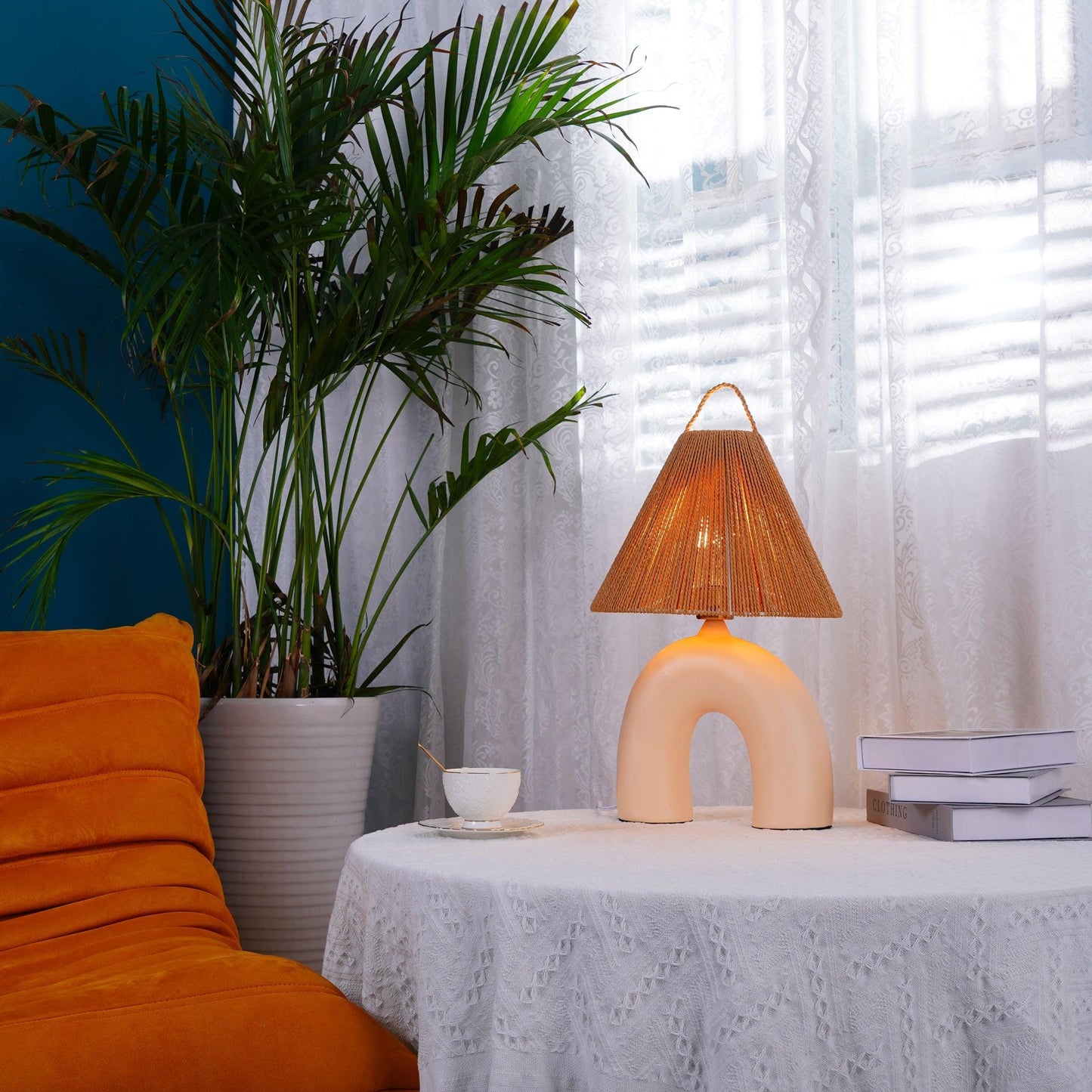 Arched Table Lamp | Braided Rope & Ceramics | White, Terra Cotta, Skin