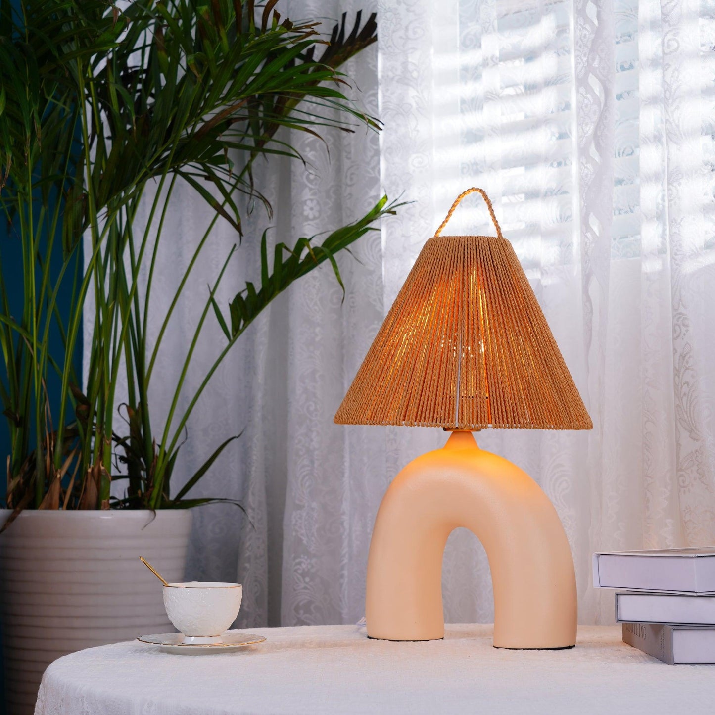 Arched Table Lamp | Braided Rope & Ceramics | White, Terra Cotta, Skin