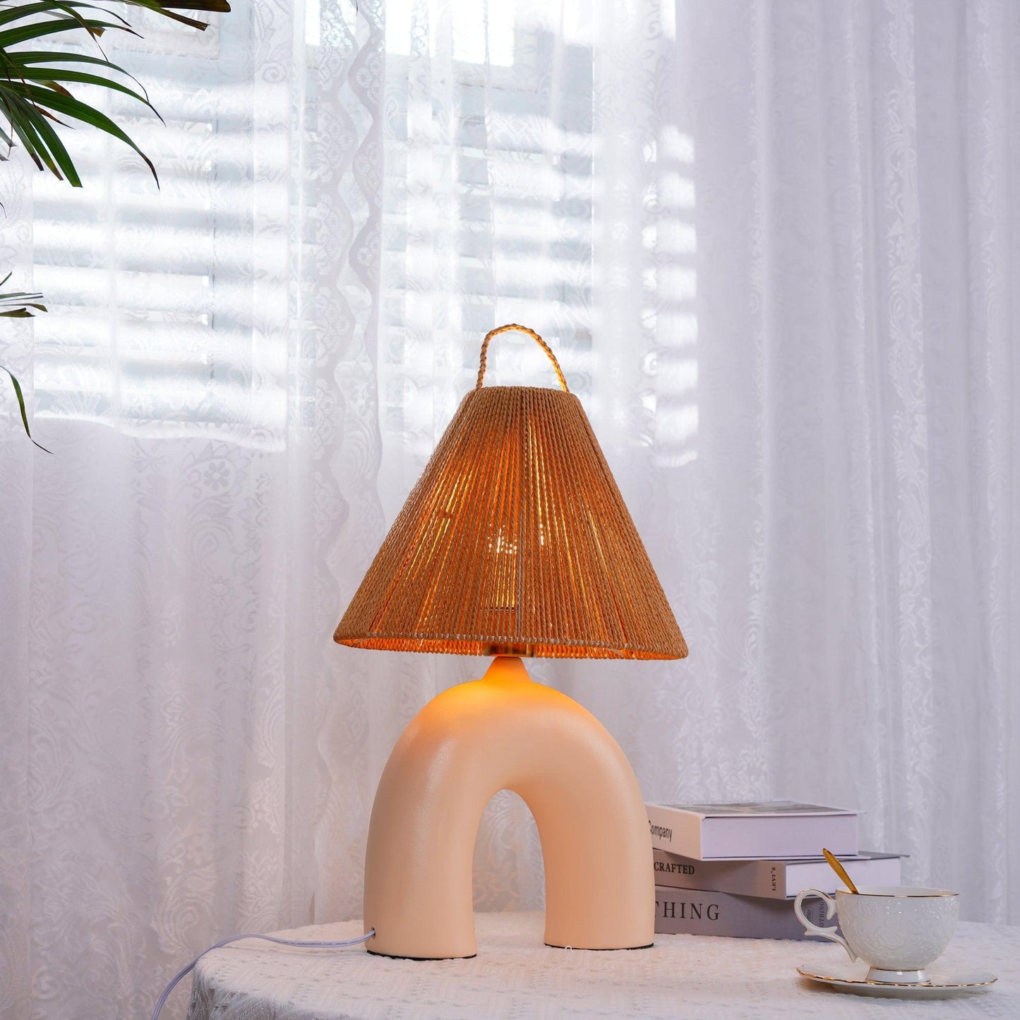 Arched Table Lamp | Braided Rope & Ceramics | White, Terra Cotta, Skin