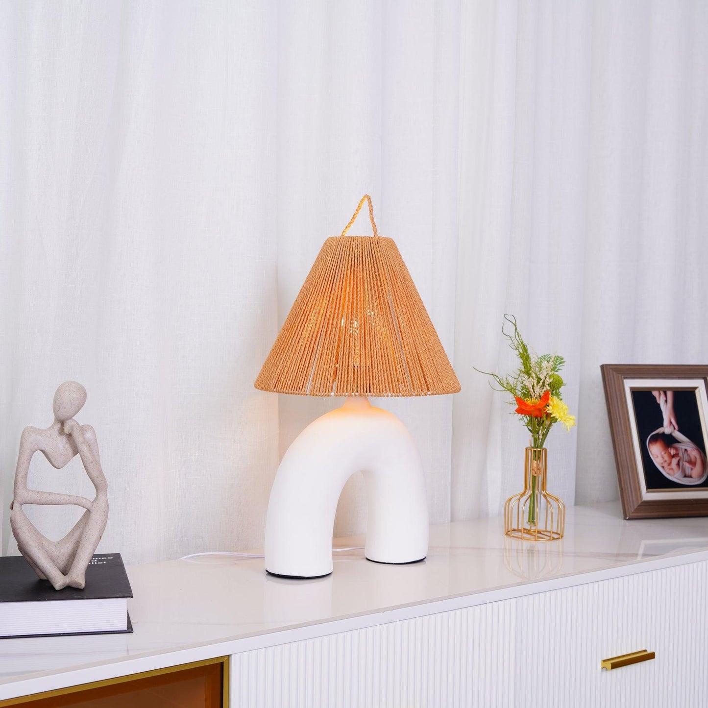 Arched Table Lamp | Braided Rope & Ceramics | White, Terra Cotta, Skin