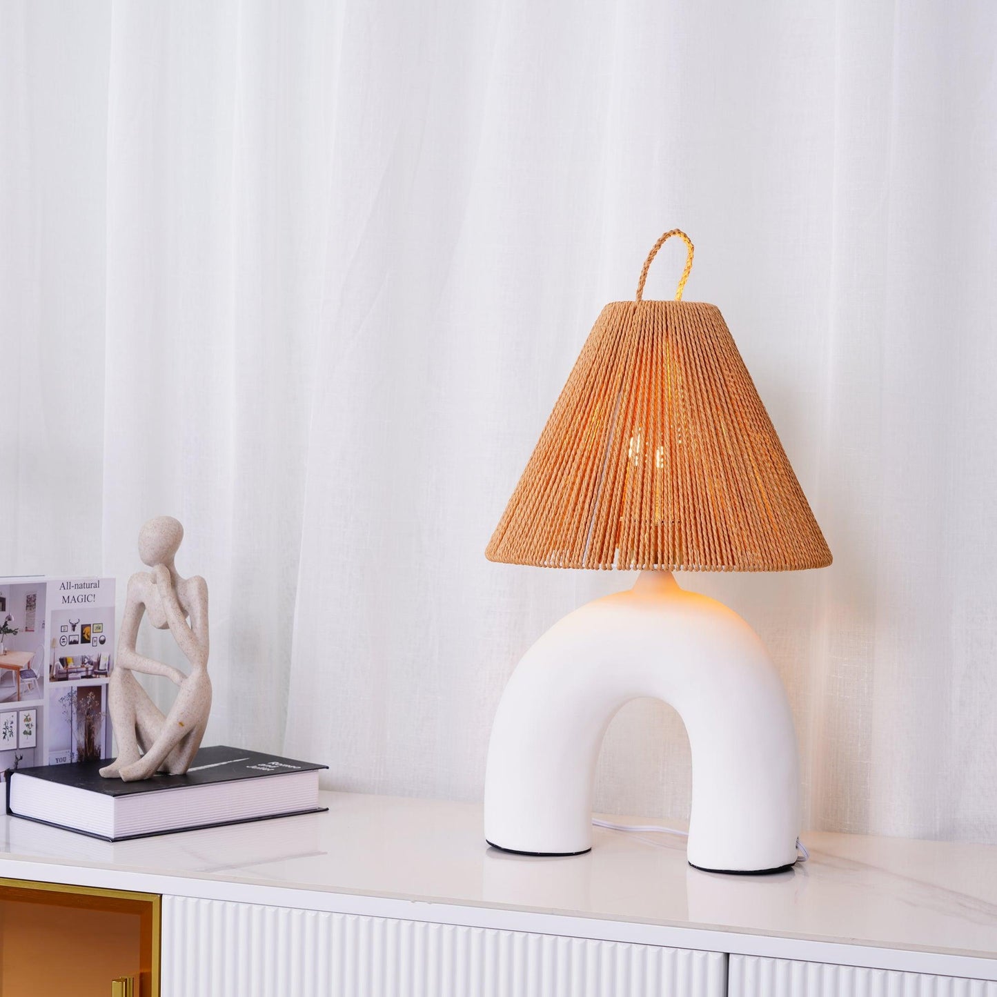 Arched Table Lamp | Braided Rope & Ceramics | White, Terra Cotta, Skin