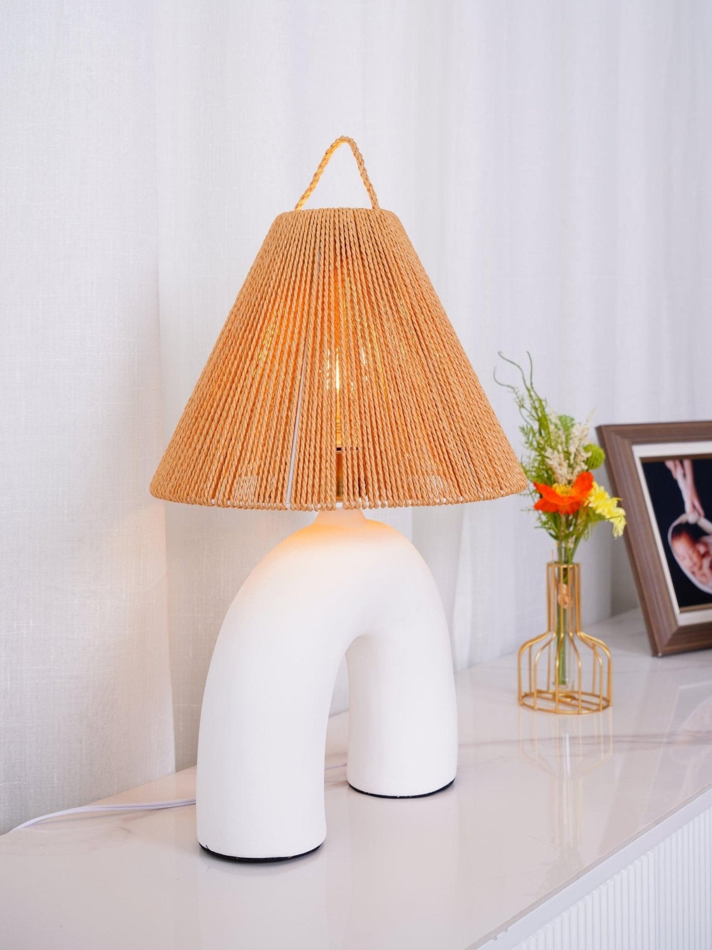 Arched Table Lamp | Braided Rope & Ceramics | White, Terra Cotta, Skin
