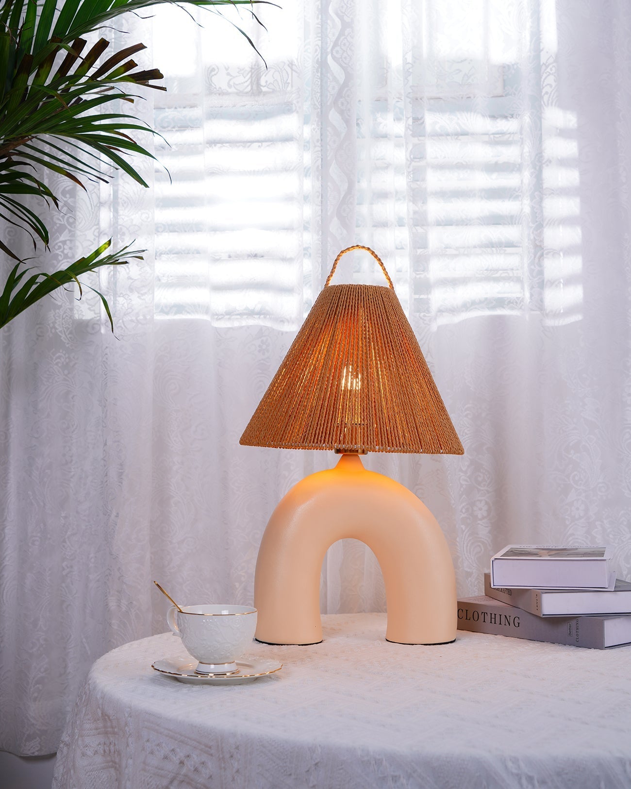 Arched Table Lamp | Braided Rope & Ceramics | White, Terra Cotta, Skin