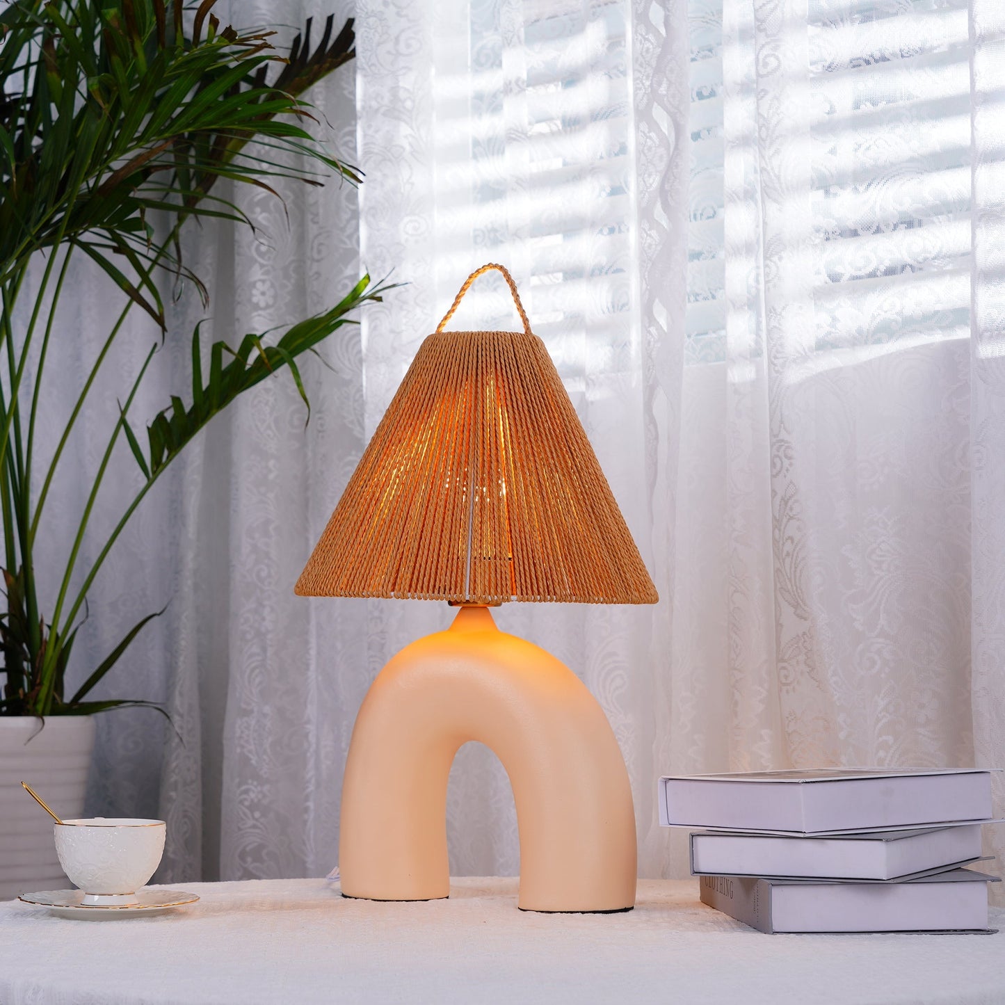 Arched Table Lamp | Braided Rope & Ceramics | White, Terra Cotta, Skin