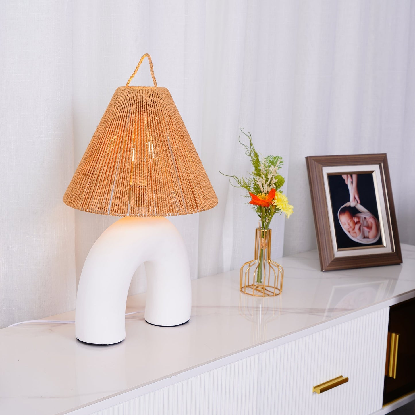 Arched Table Lamp | Braided Rope & Ceramics | White, Terra Cotta, Skin