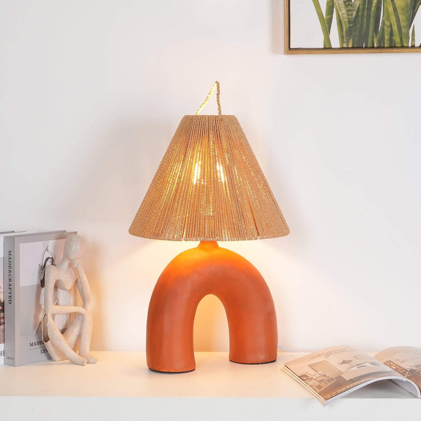 Arched Table Lamp | Braided Rope & Ceramics | White, Terra Cotta, Skin