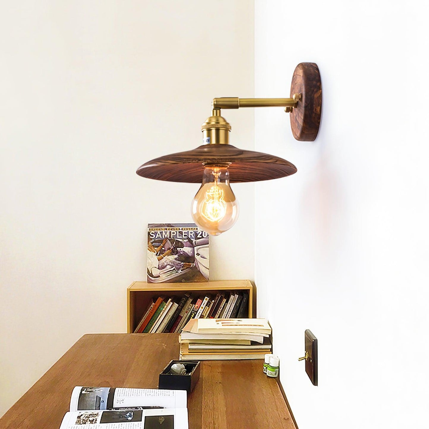 Walnut Flared Wall Light | Brass & Walnut Design | Set of 2
