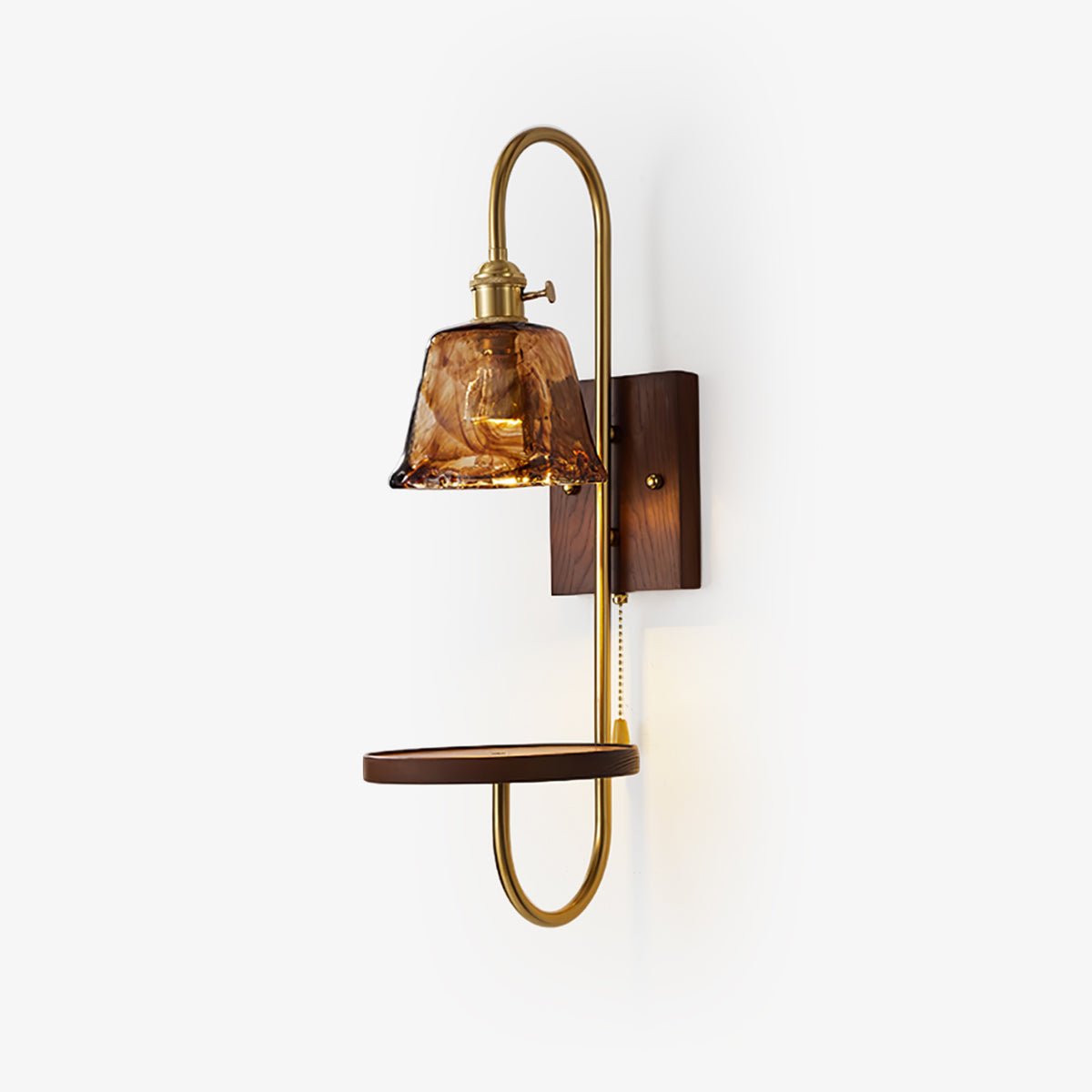 Walnut Shelf Sconce | Brass Arm & Glass Shade | Set of 2