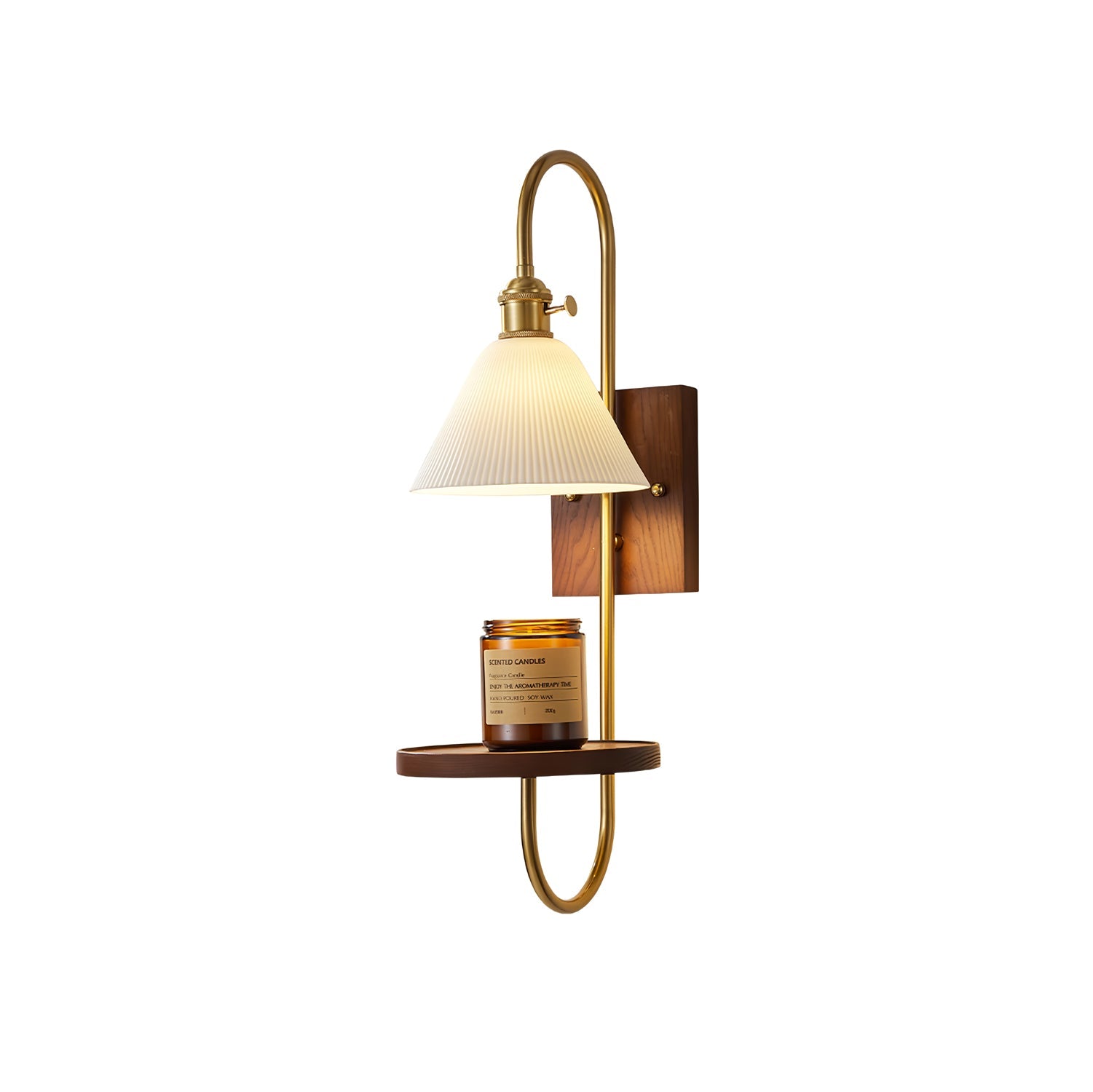 Walnut Shelf Sconce | Brass Arm & Glass Shade | Set of 2