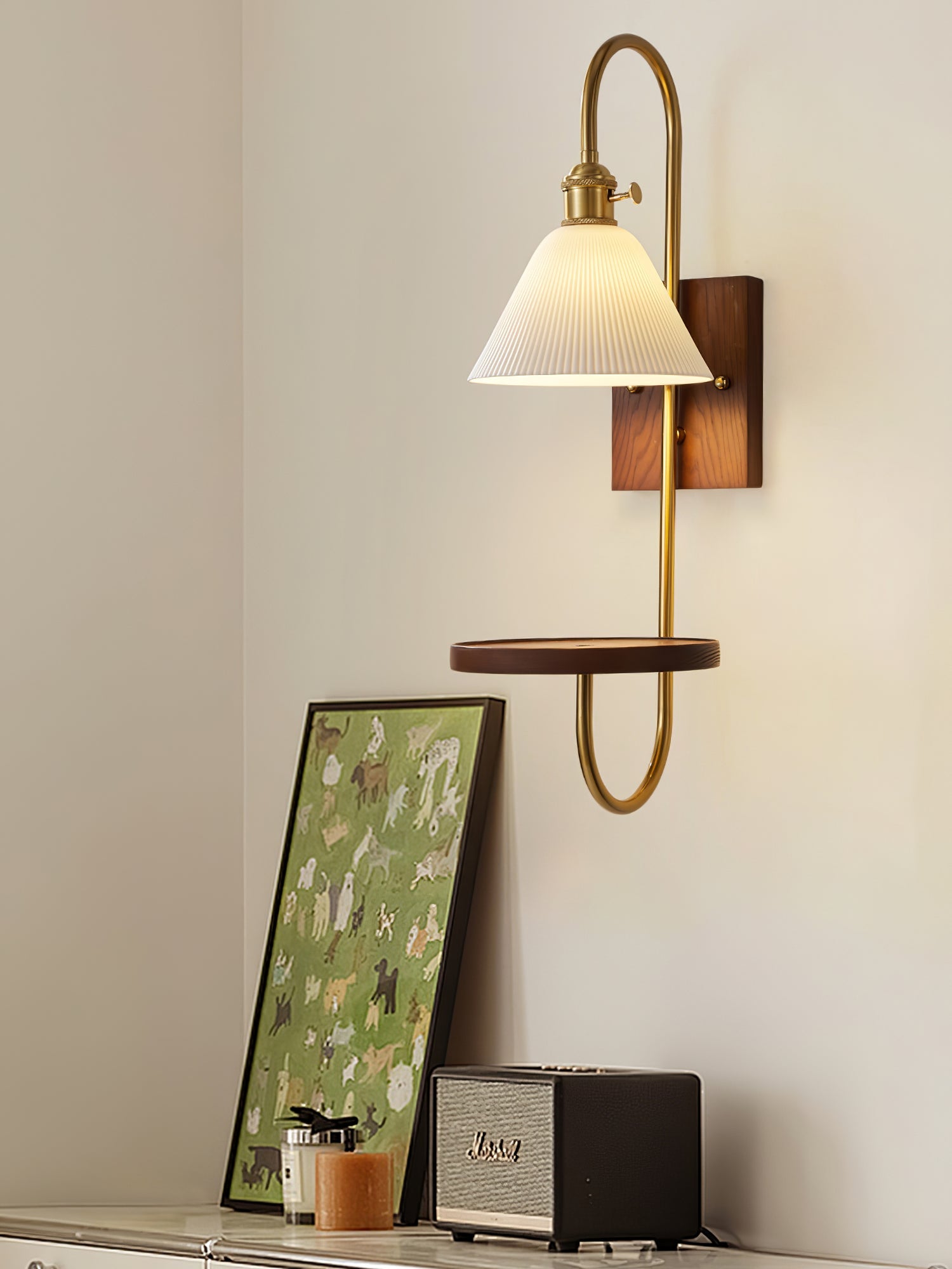 Walnut Shelf Sconce | Brass Arm & Glass Shade | Set of 2