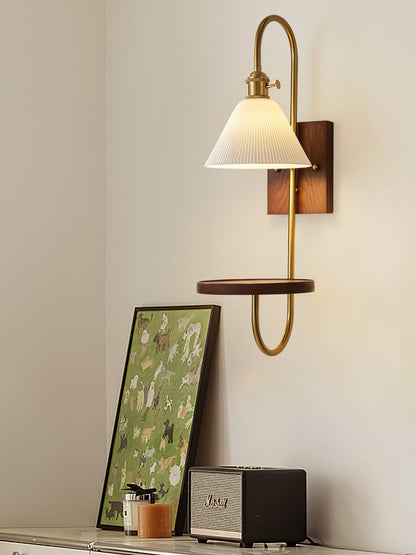 Walnut Shelf Sconce | Brass Arm & Glass Shade | Set of 2