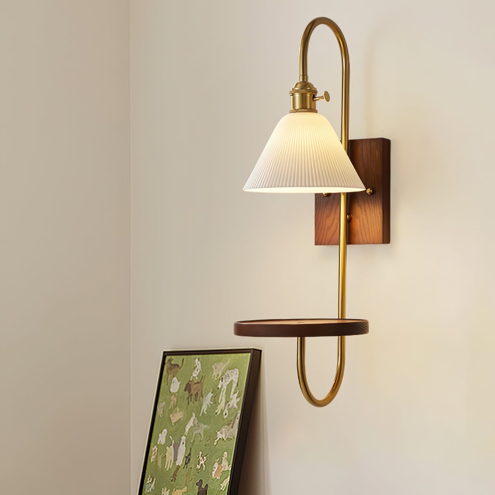 Walnut Shelf Sconce | Brass Arm & Glass Shade | Set of 2