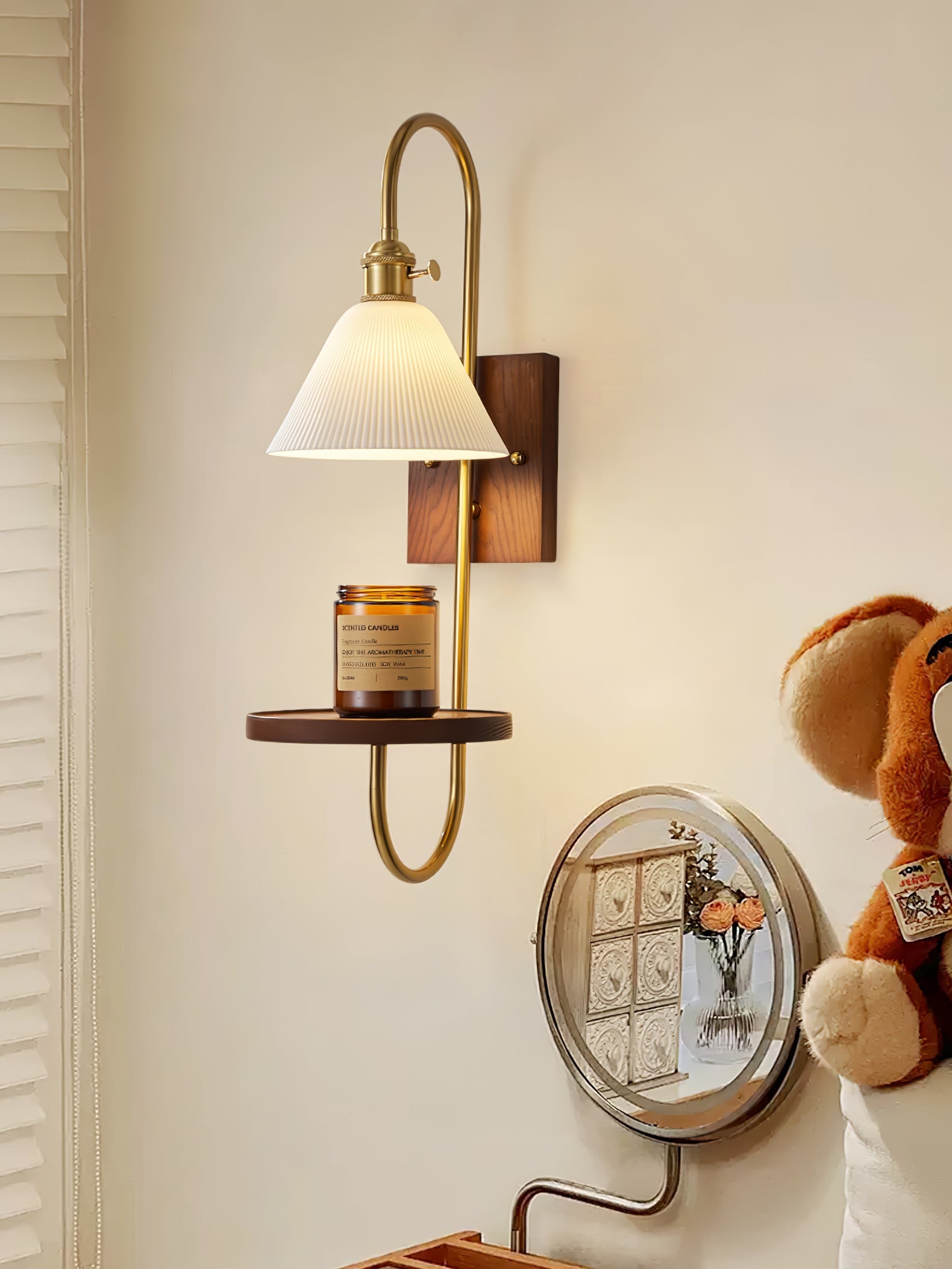 Walnut Shelf Sconce | Brass Arm & Glass Shade | Set of 2