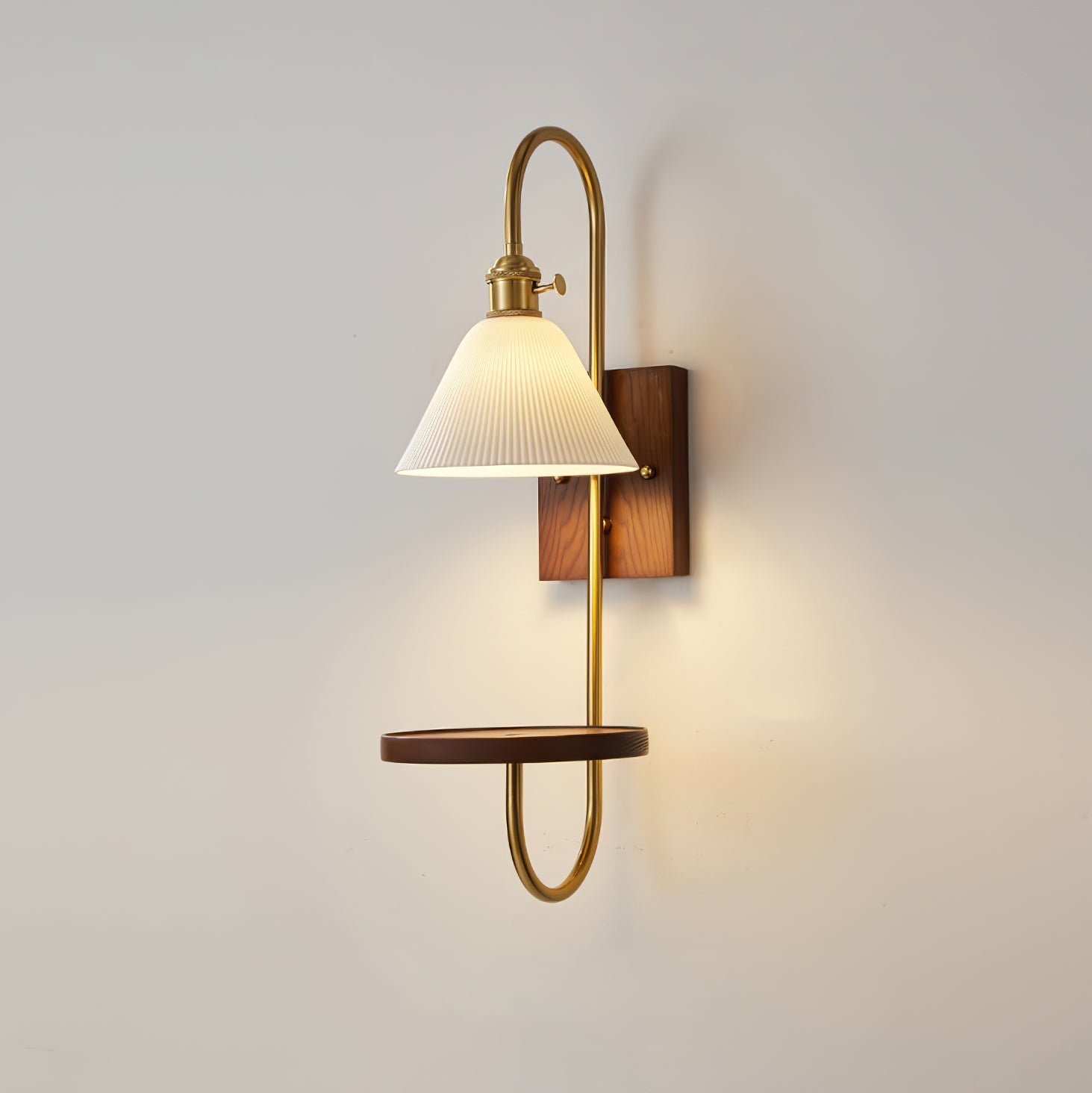 Walnut Shelf Sconce | Brass Arm & Glass Shade | Set of 2