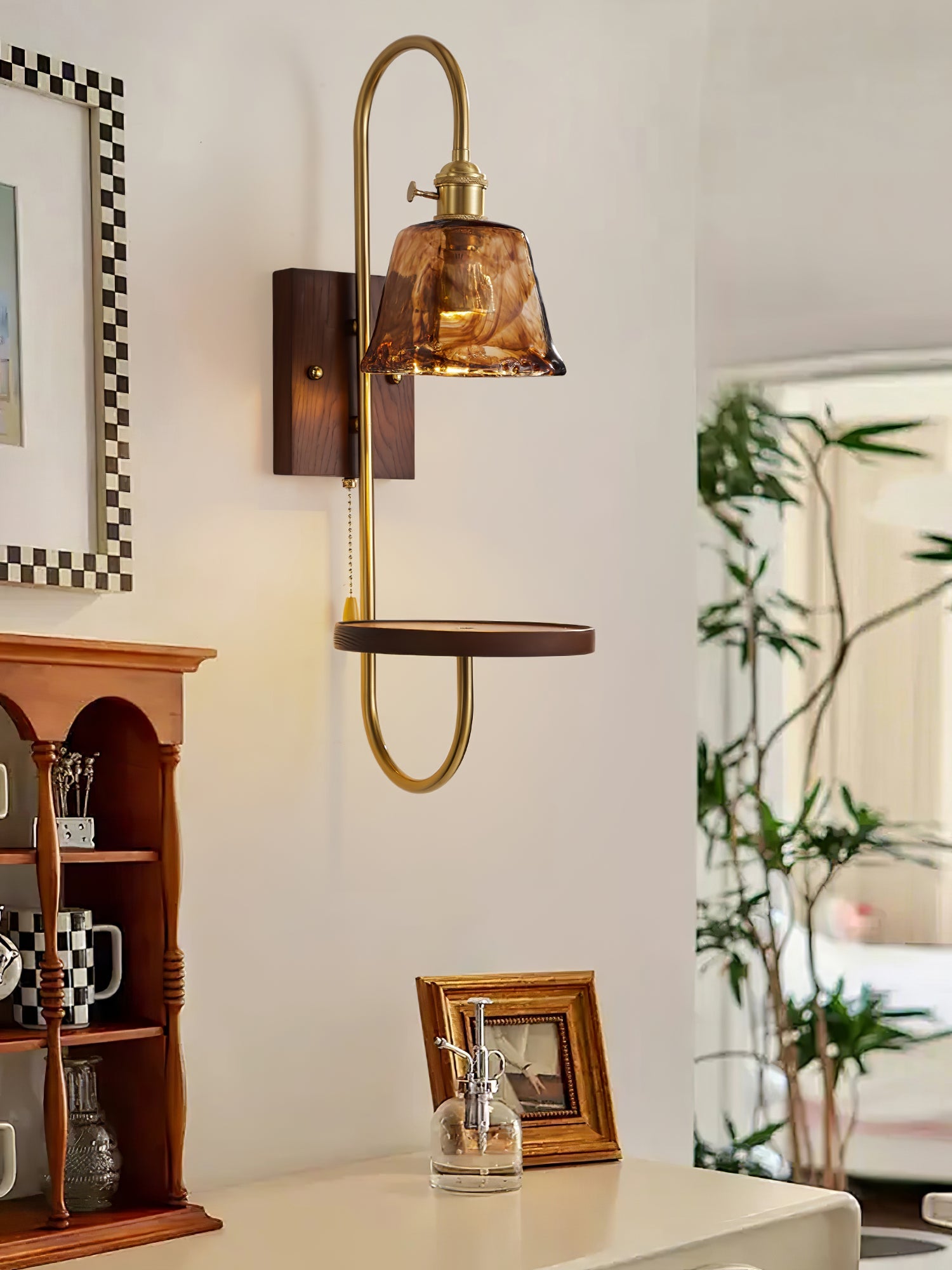 Walnut Shelf Sconce | Brass Arm & Glass Shade | Set of 2