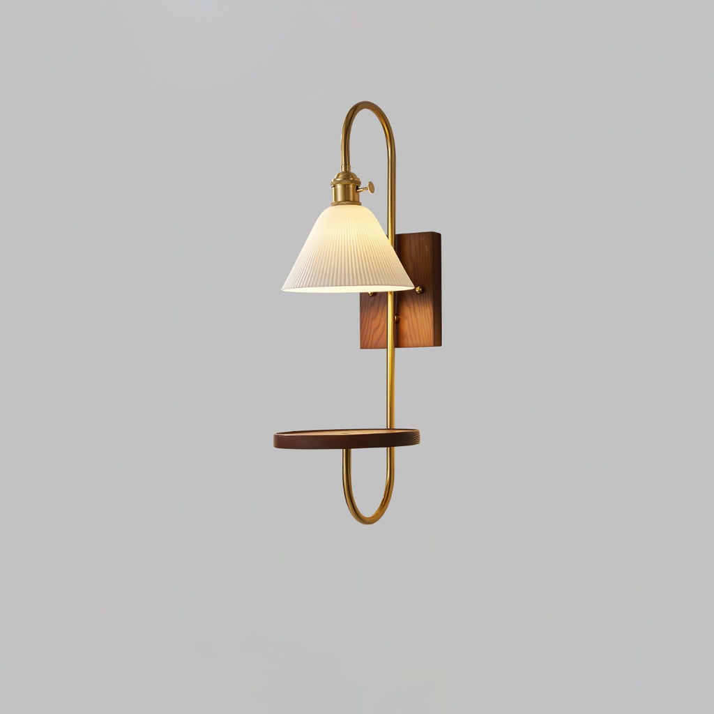 Walnut Shelf Sconce | Brass Arm & Glass Shade | Set of 2
