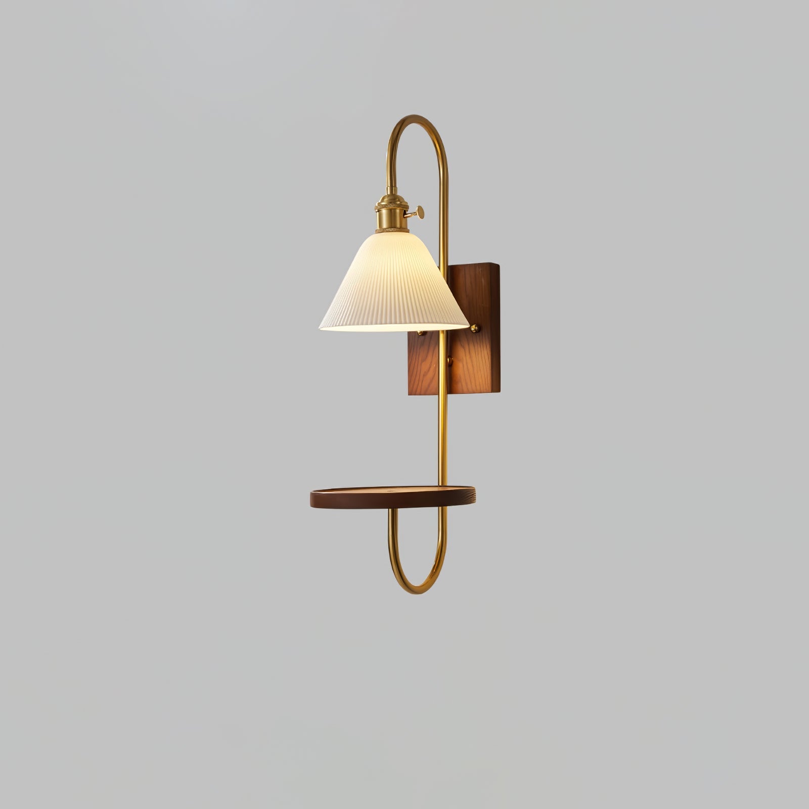 Walnut Shelf Sconce | Brass Arm & Glass Shade | Set of 2