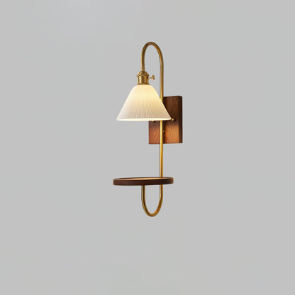 Walnut Shelf Sconce | Brass Arm & Glass Shade | Set of 2