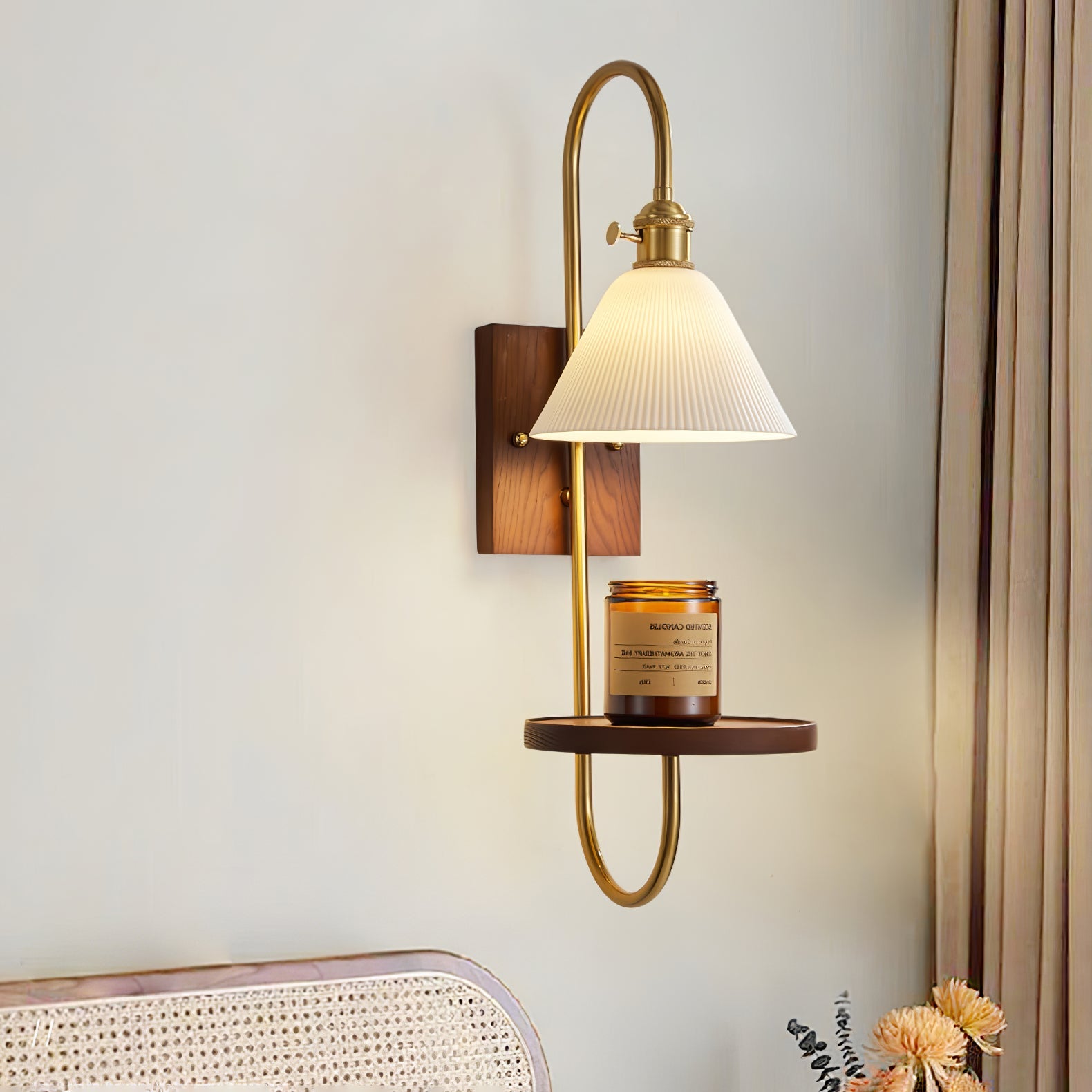 Walnut Shelf Sconce | Brass Arm & Glass Shade | Set of 2