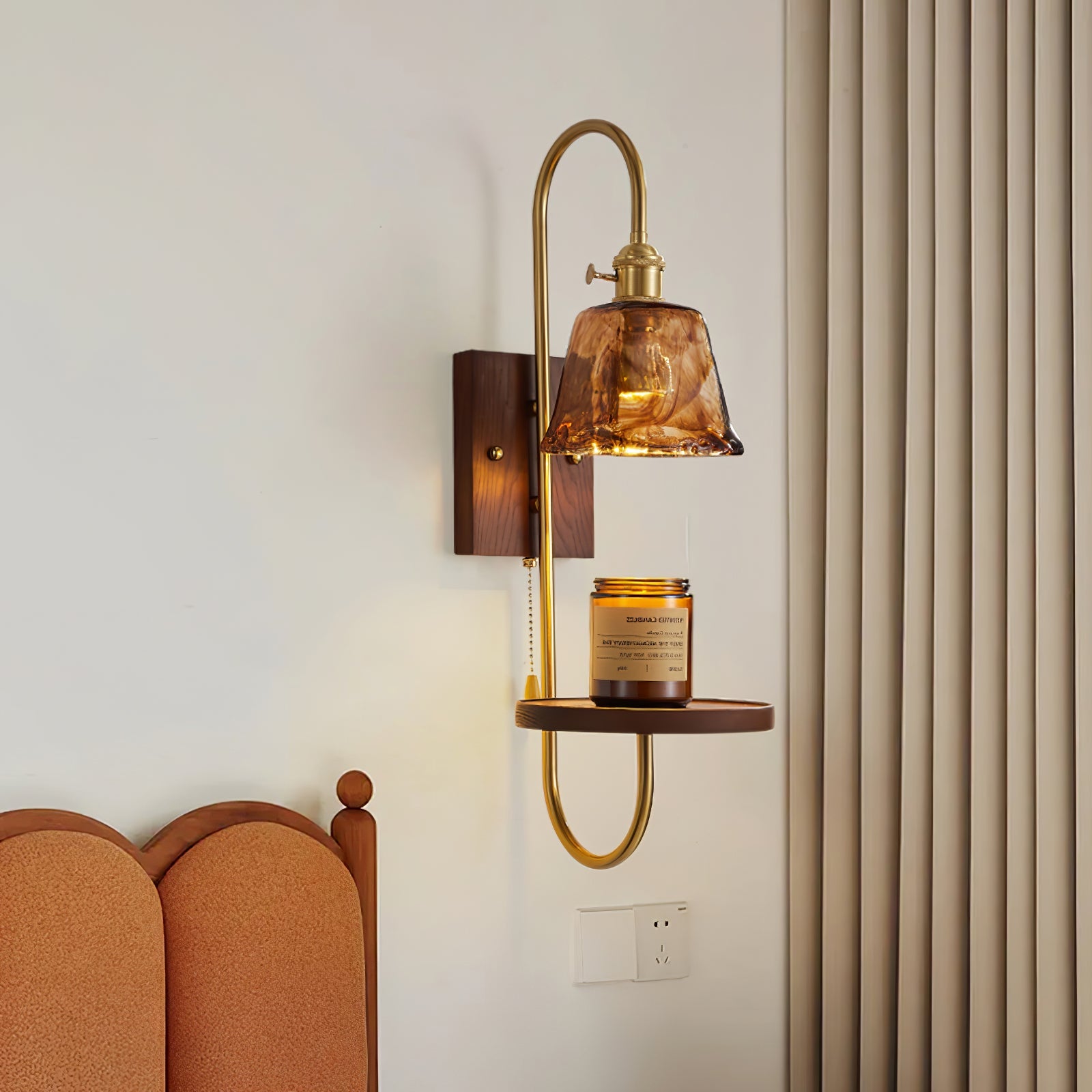 Walnut Shelf Sconce | Brass Arm & Glass Shade | Set of 2