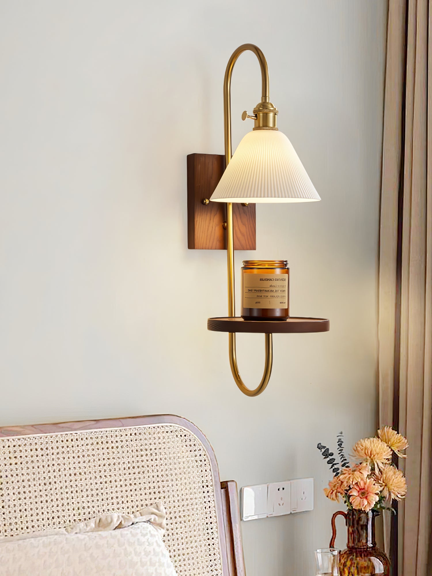 Walnut Shelf Sconce | Brass Arm & Glass Shade | Set of 2
