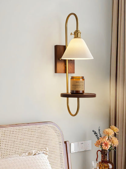 Walnut Shelf Sconce | Brass Arm & Glass Shade | Set of 2