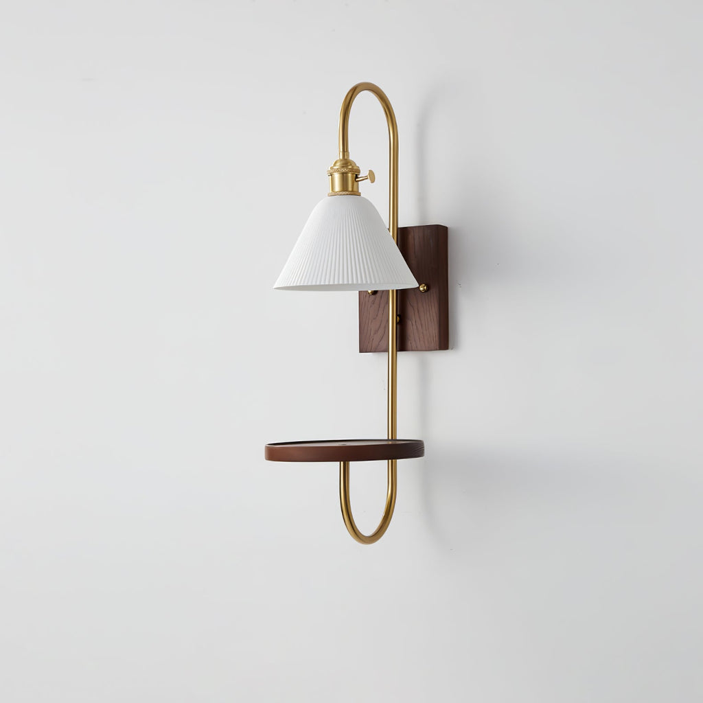 Walnut Shelf Sconce | Brass Arm & Glass Shade | Set of 2