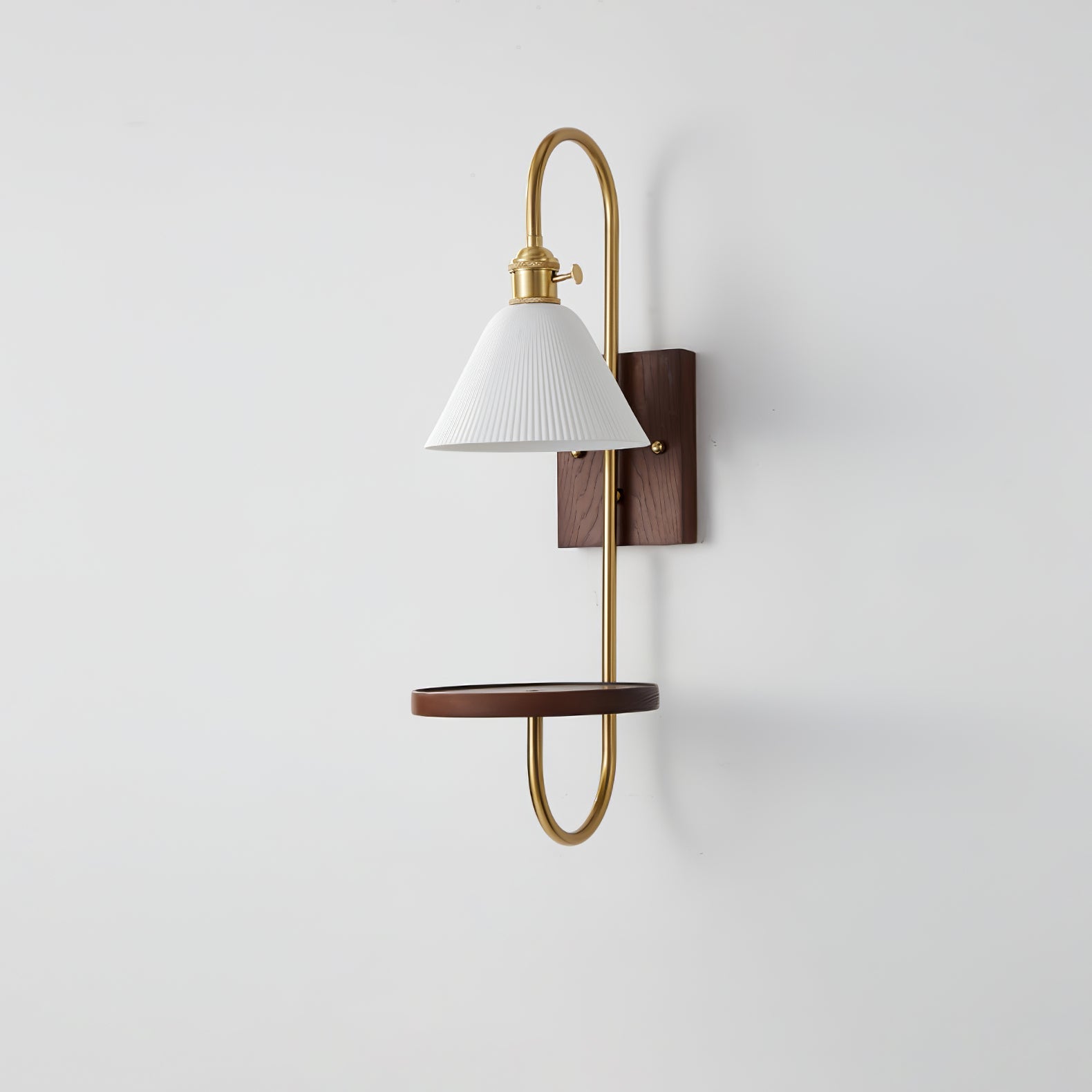 Walnut Shelf Sconce | Brass Arm & Glass Shade | Set of 2