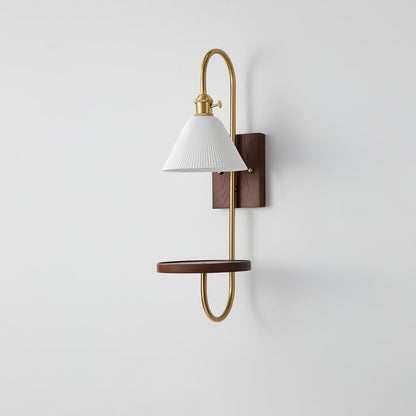 Walnut Shelf Sconce | Brass Arm & Glass Shade | Set of 2