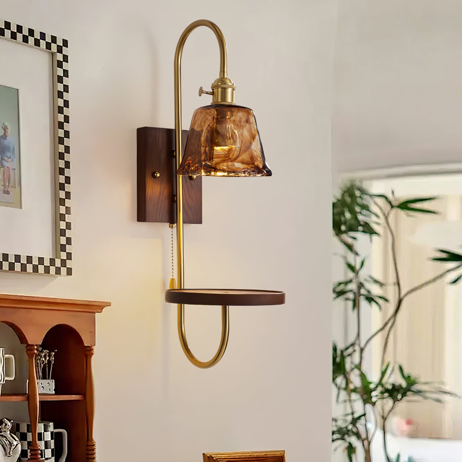 Walnut Shelf Sconce | Brass Arm & Glass Shade | Set of 2