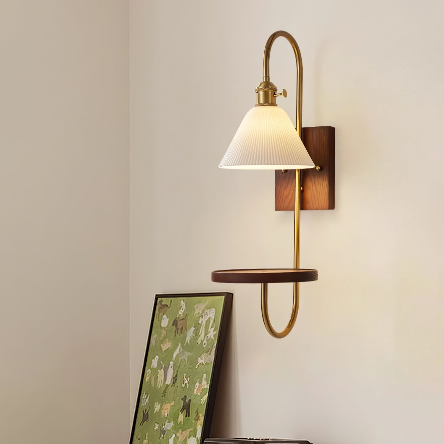Walnut Shelf Sconce | Brass Arm & Glass Shade | Set of 2