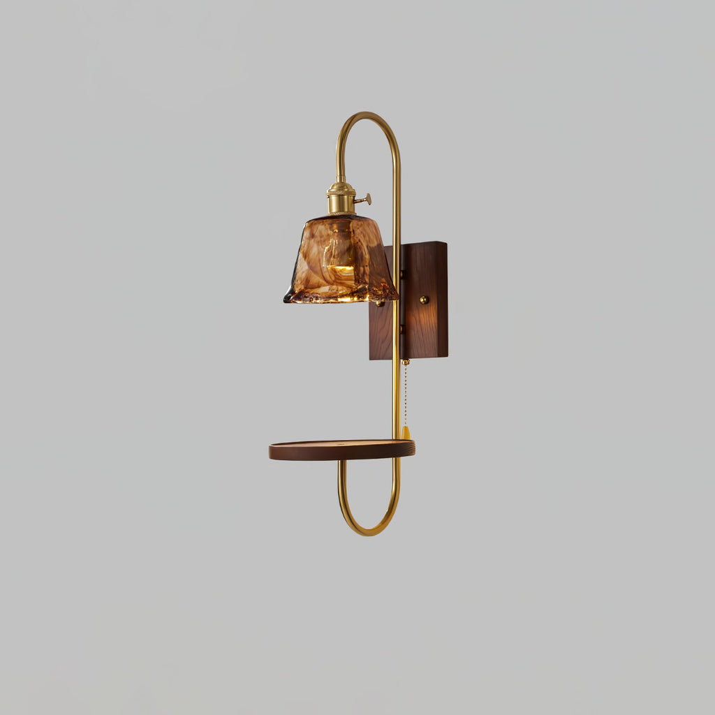 Walnut Shelf Sconce | Brass Arm & Glass Shade | Set of 2