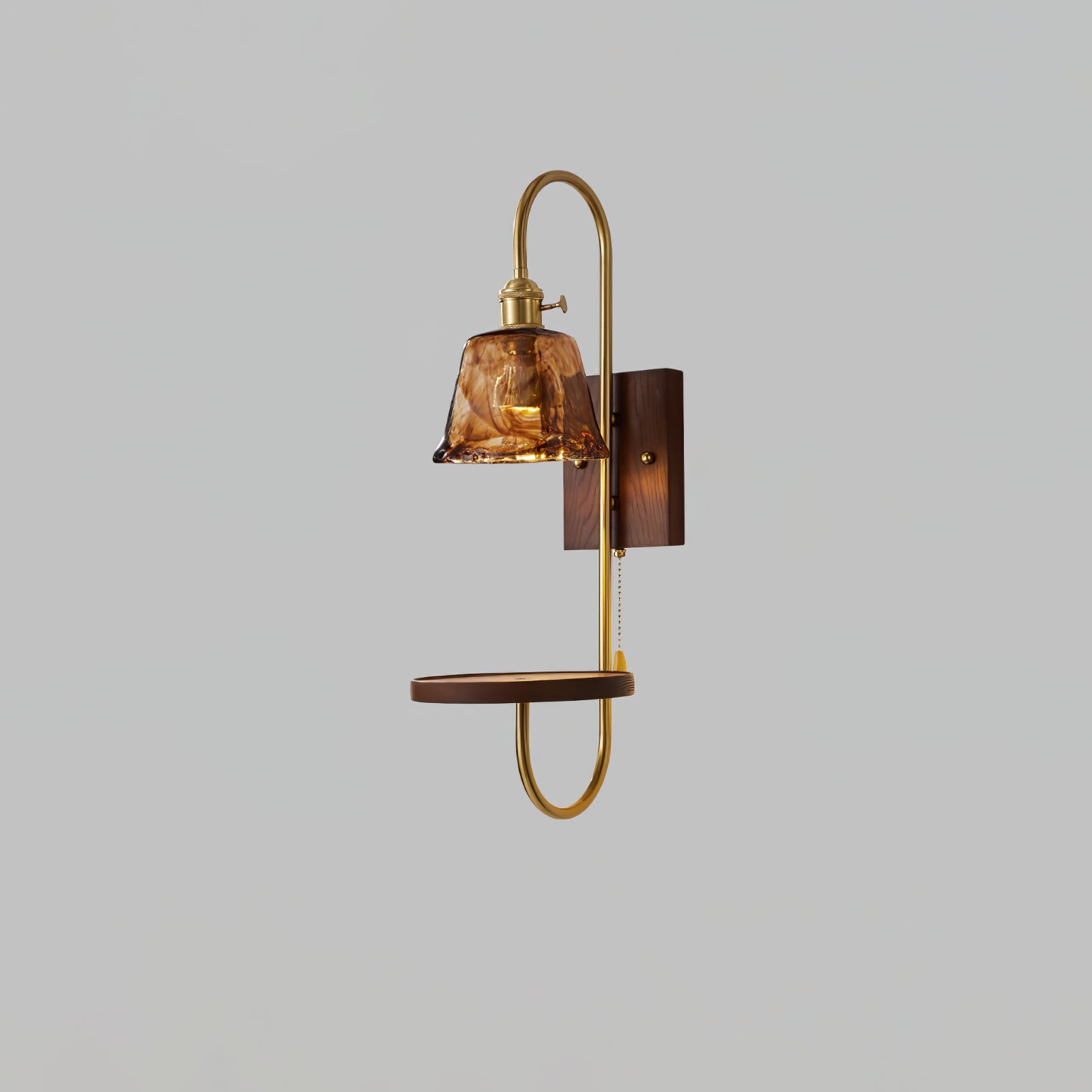 Walnut Shelf Sconce | Brass Arm & Glass Shade | Set of 2