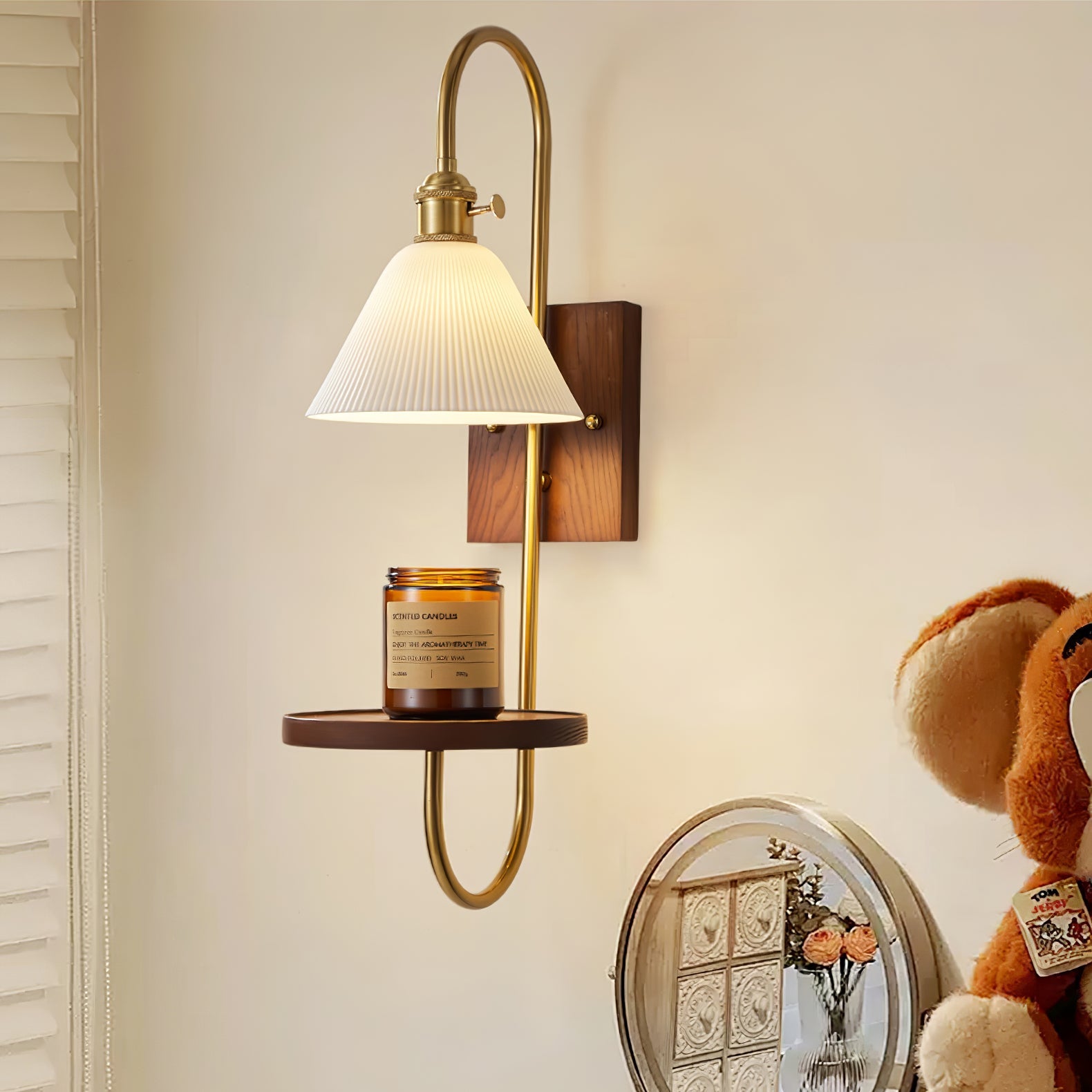 Walnut Shelf Sconce | Brass Arm & Glass Shade | Set of 2