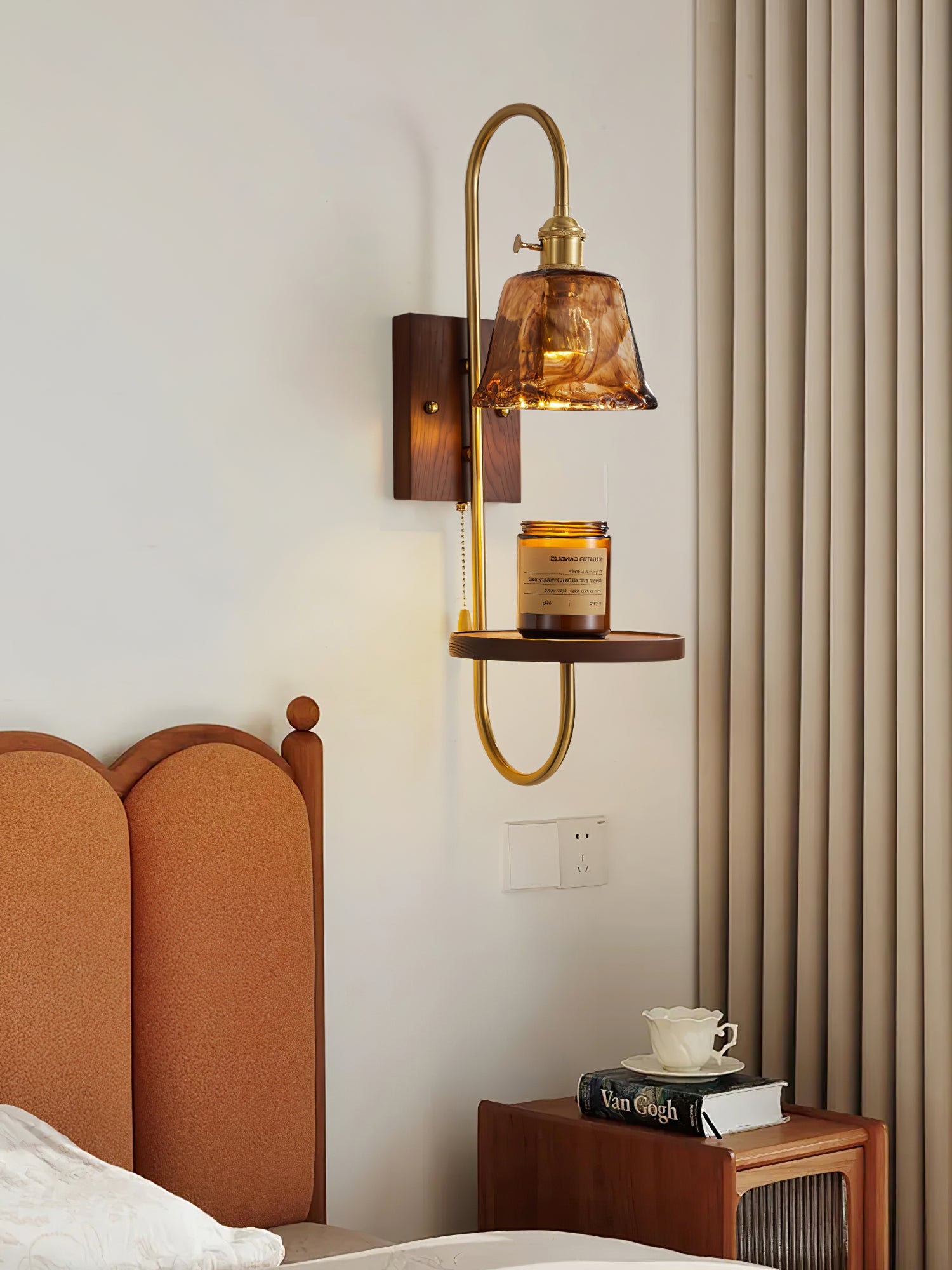 Walnut Shelf Sconce | Brass Arm & Glass Shade | Set of 2