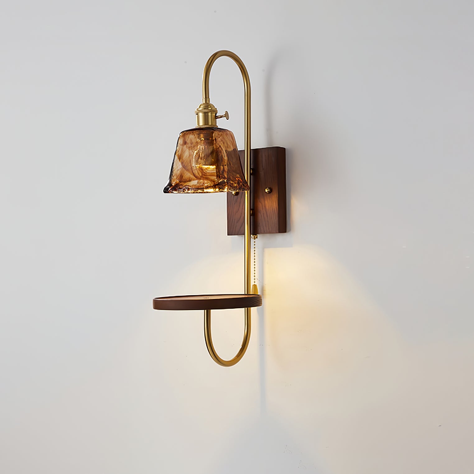 Walnut Shelf Sconce | Brass Arm & Glass Shade | Set of 2