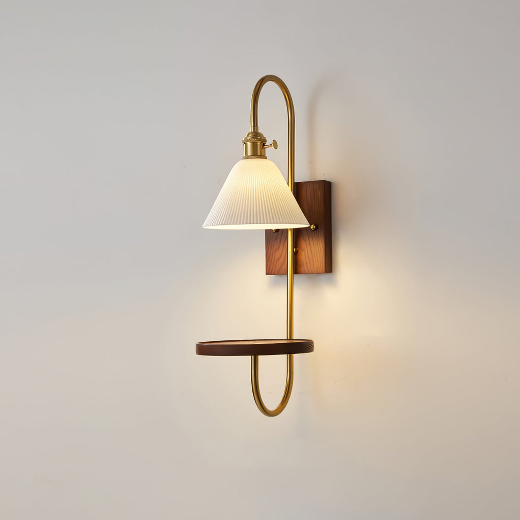 Walnut Shelf Sconce | Brass Arm & Glass Shade | Set of 2