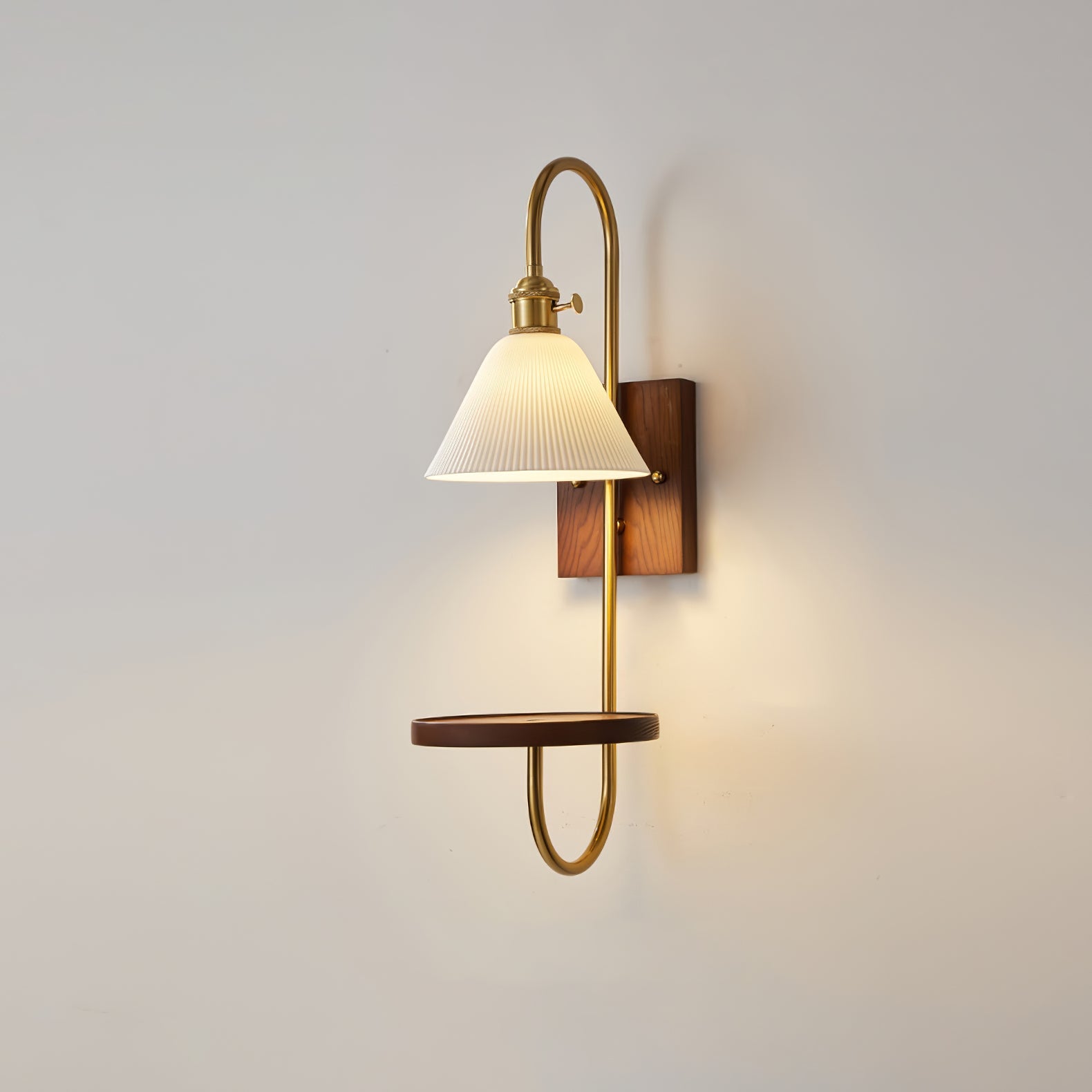 Walnut Shelf Sconce | Brass Arm & Glass Shade | Set of 2