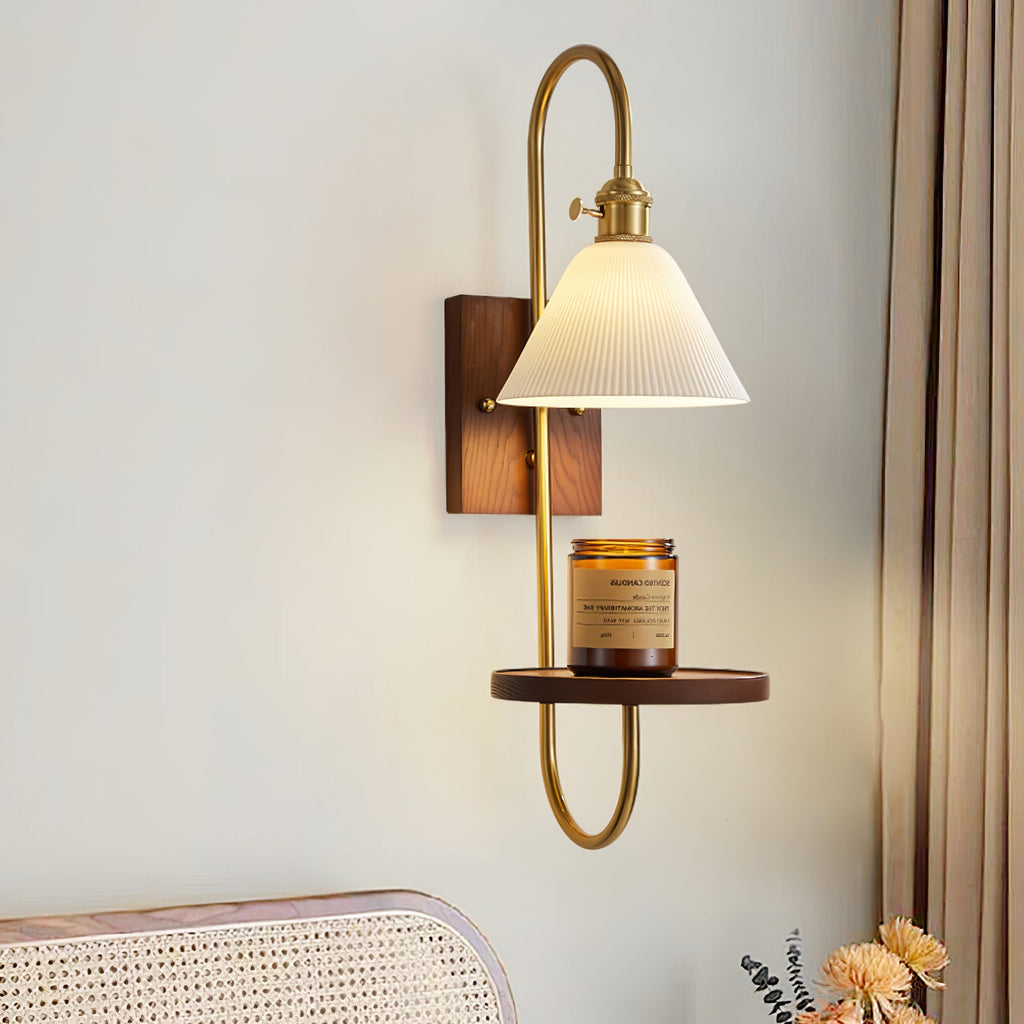 Walnut Shelf Sconce | Brass Arm & Glass Shade | Set of 2