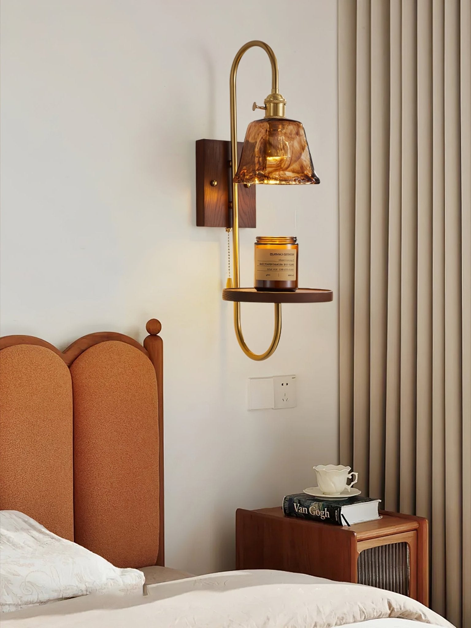 Walnut Shelf Sconce | Brass Arm & Glass Shade | Set of 2
